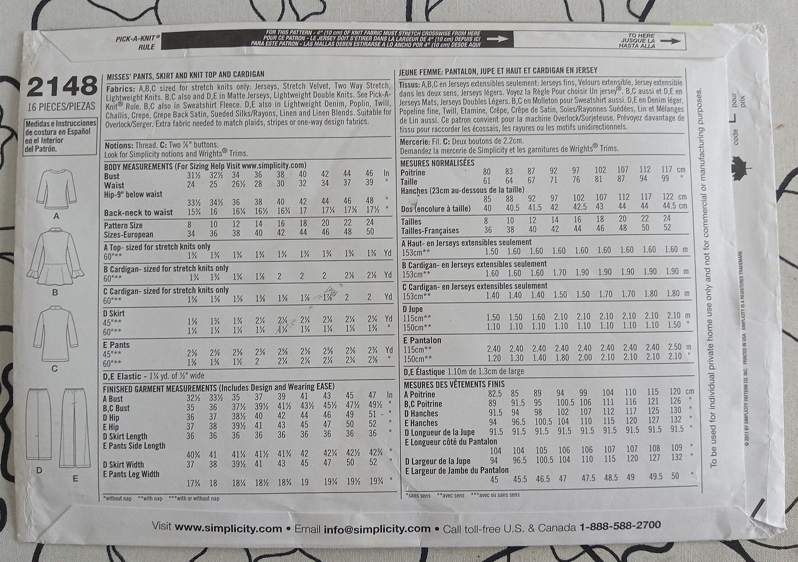Simplicity 2148, Stretch Knits Pattern, UC/FF - Etsy