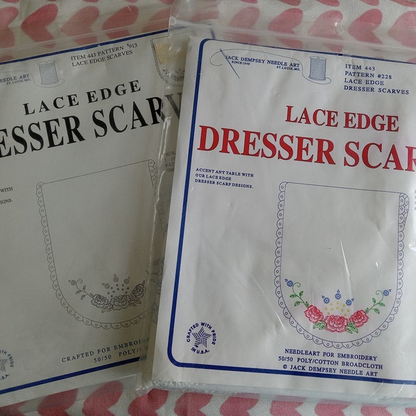 Vintage Jack Dempsey Needle Art, Lace Edge Dresser Scarves, Unused/Deadstock