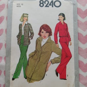 May include: Vintage Simplicity sewing pattern 8240, size 12 Miss. The pattern features illustrations of women's clothing designs, including a green and brown plaid jacket, a long olive green coat, and a red pantsuit. The pattern's cover is aged with wear.