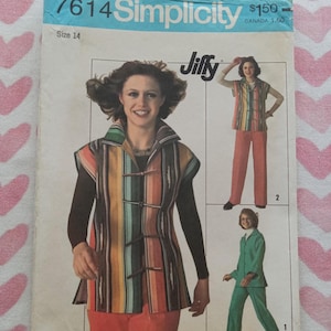 May include: Simplicity sewing pattern 7614, featuring a woman in a colorful striped vest and pants. The pattern includes instructions for a vest, top, and pants. The pattern is size 14.