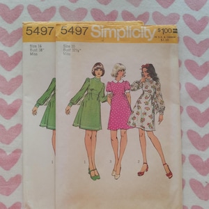 May include: Two Simplicity 5497 sewing pattern envelopes for misses' dresses. One envelope is size 16 with a 38-inch bust, the other is size 10 with a 32.5-inch bust. The illustrations show three dress styles: green long-sleeve, pink short-sleeve, and floral.