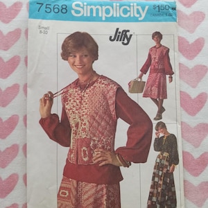May include: Simplicity sewing pattern 7568, featuring a woman modeling a red and white patterned outfit. The pattern includes a top, skirt, and vest. The pattern is labeled "Jiffy" and "Small 8-10".