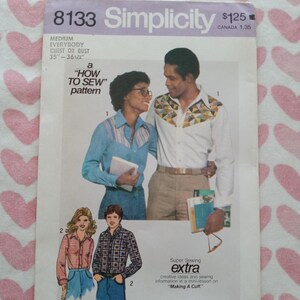 May include: Simplicity sewing pattern 8133, featuring a "How to Sew" pattern. The cover shows illustrations of people wearing shirts and denim. The pattern includes a mini-lesson on "Making A Cuff". The chest or bust size is 35"-36 1/2".