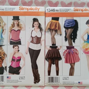 May include: Two Simplicity sewing pattern envelopes. One features corset tops and the other skirts. The patterns include images of the finished garments, with a variety of styles and colors. The patterns are designed and printed in the USA.
