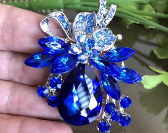 Gran pin de broche azul de pedrería de cristal, Joyería floral, Regalo para ella