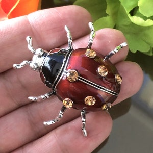 Peut inclure: Broche détaillée en forme de coccinelle. La coccinelle a un corps rouge foncé brillant avec des accents noirs et des pattes et antennes argentées. La broche est ornée de petits cristaux ronds de couleur ambre.