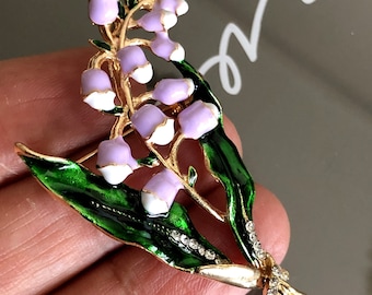 Lily of the Valley Rhinestone Enamel Gold Tone brooch pin or pendant, Floral Brooch, Vintage Style Jewelry, Gift for Her