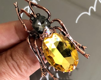 Yellow Beetle Bug Brooch, Crystal Bug Brooch, Insect Brooch, Scarab Brooch, Large Beetle Brooch, Scarab Jewelry, Beetle Pin