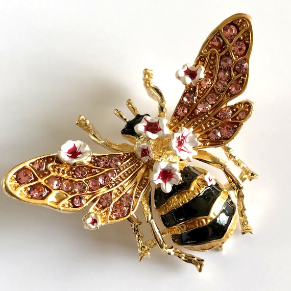 Vintage Style Honey Bee Brooch: Rhinestone Bumble Bee Pin