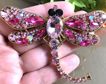 Large pink dragonfly brooch or pendant, Dragonfly pin, Dragonfly gift, Dragonfly jewellery, Dragonfly Jewelry, Large crystal brooch