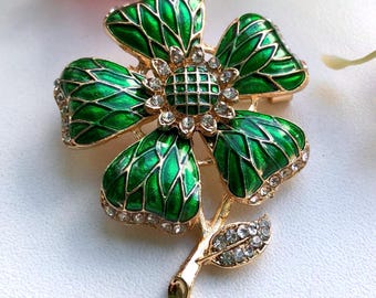 Broche de fleurs pendentif vintage doré avec strass verts - France
