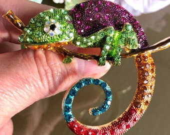 Rainbow Chameleon Brooch, Large Lizard Brooch, Colorful Rhinestone Pin, Vintage Style Brooch or  Pendant