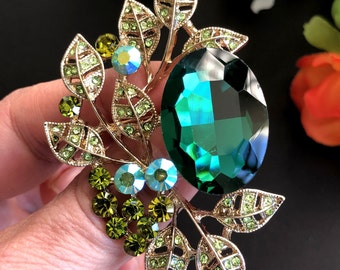 Große grüne Kristall Strass Brosche oder Anhänger, Blumen Schmuck, Vintage Stil Schmuck, Geschenk für sie