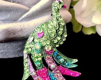 Peacock Brooch Pin, Crystal Peacock Brooch Jewellery, Pink Peacock Brooch, Green Colour Peacock Brooch, Peacock Pin, Peafowl Pin