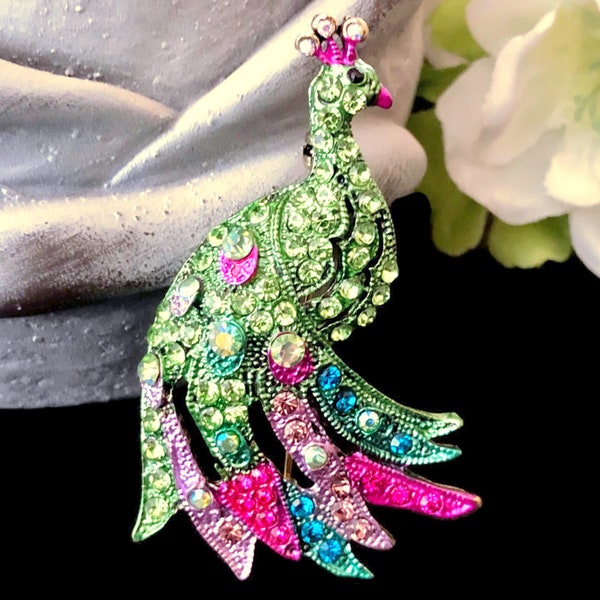 Broche de pavo real, joyería de broche de pavo real de cristal, broche de pavo real rosa, broche de pavo real de color verde, pasador de pavo real, pasador de pavo real