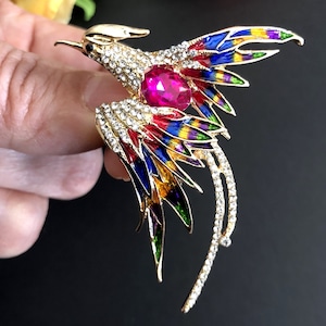 Bird Brooch Pin or Pendant, Enamel Rhinestone Bird Jewelry