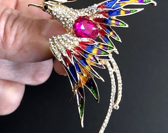 Bird Brooch Pin or Pendant, Enamel Rhinestone Bird Jewelry