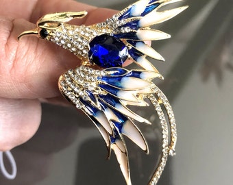 Blue Bird Brooch Pin or Pendant, Enamel Rhinestone Bird Jewelry, Holiday Gift