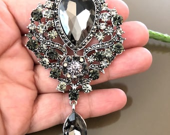 Broche grande de pedrería de cristal, joyería gris negro, regalo para ella