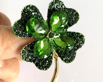 Four leaf clover brooch, Crystal rhinestone floral pin brooch, Green brooch pin, Vintage style jewelry, Gifts for her