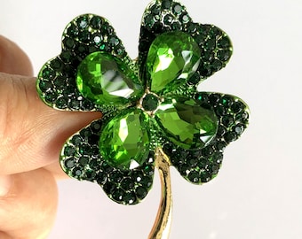 Broche de trébol de cuatro hojas, broche de alfiler floral de pedrería de cristal, alfiler de broche verde, joyería de estilo vintage, regalos para ella