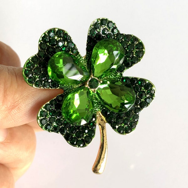 Four leaf clover brooch, Crystal rhinestone floral pin brooch, Green brooch pin, Vintage style jewelry, Gifts for her