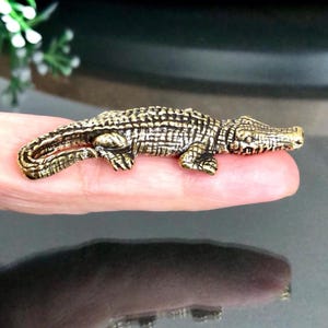 Könnte beinhalten: Eine detaillierte, bronzefarbene Alligatorfigur. Das Reptil wird im Seitenprofil gezeigt, mit strukturierten Schuppen und einem detaillierten Kopf. Die Figur ist klein und scheint aus Metall zu sein.