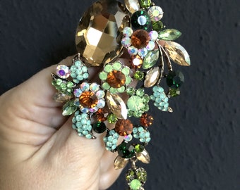 Large floral rhinestone brooch pin, Floral jewelry, Gift for her