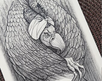 Whimsical Artwork Skeksis Vulture Fantasy Art Pencil Artwork Crystal Ball Witchy Artwork Oracle Illustration