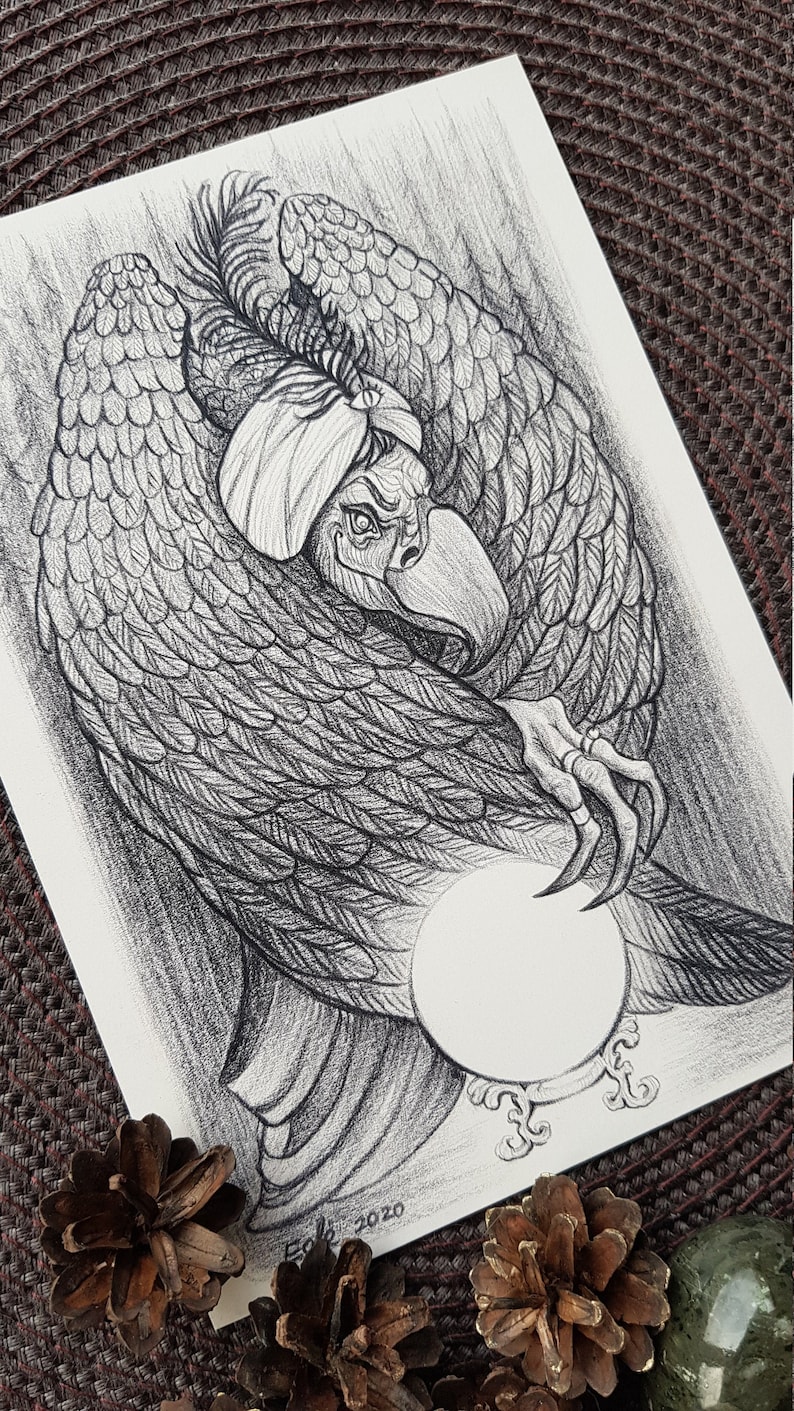Whimsical Artwork Skeksis Vulture Fantasy Art Pencil Artwork Crystal Ball Witchy Artwork Oracle Illustration