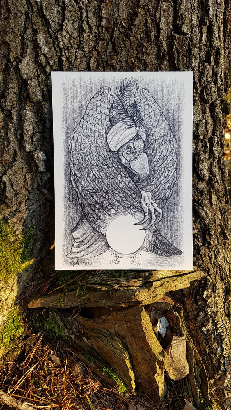 Whimsical Artwork Skeksis Vulture Fantasy Art Pencil Artwork Crystal Ball Witchy Artwork Oracle Illustration
