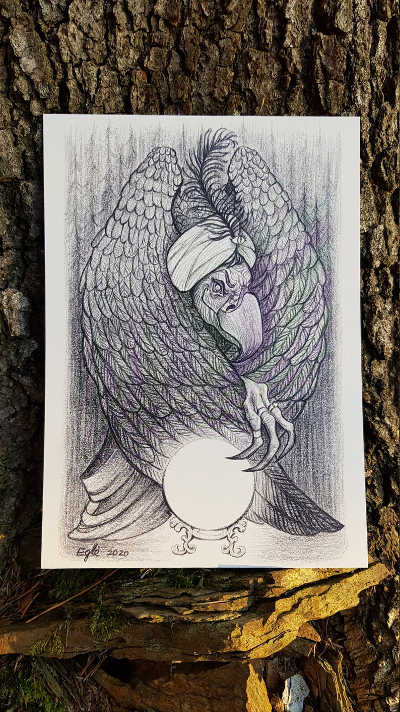 Whimsical Artwork Skeksis Vulture Fantasy Art Pencil Artwork Crystal Ball Witchy Artwork Oracle Illustration