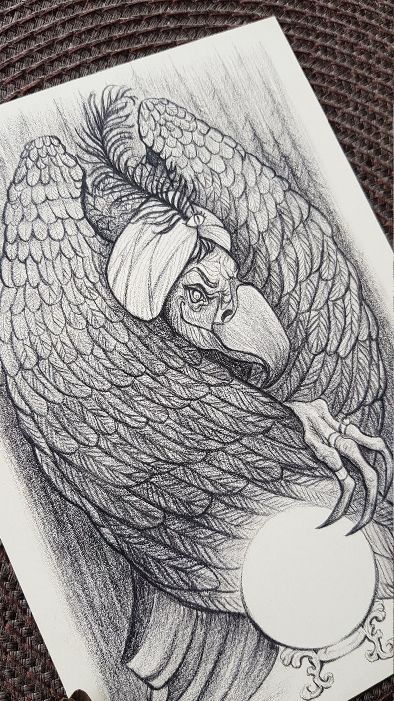 Whimsical Artwork Skeksis Vulture Fantasy Art Pencil Artwork Crystal Ball Witchy Artwork Oracle Illustration