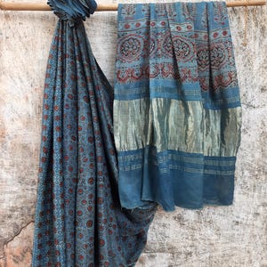 Handcrafted Indigo Ajrakh Modal Silk Saree: Block Printed Saree with Blouse