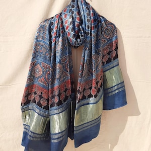 Indigo Ajrakh Hand Block Printed Dupatta | Natural Dyed Modal Silk Scarf | Handmade in India | Ethically Crafted
