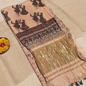 Ajrakh Modal Silk Saree | Naturally Dyed Saree with Blouse | Earthy Peach Saree | Dandiya Pallu | Hand Block Printed Saree