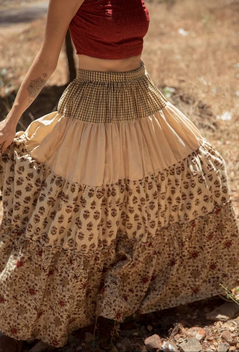 Hand block print ajrakh multi tiered skirt and crop top set made using natural dyes