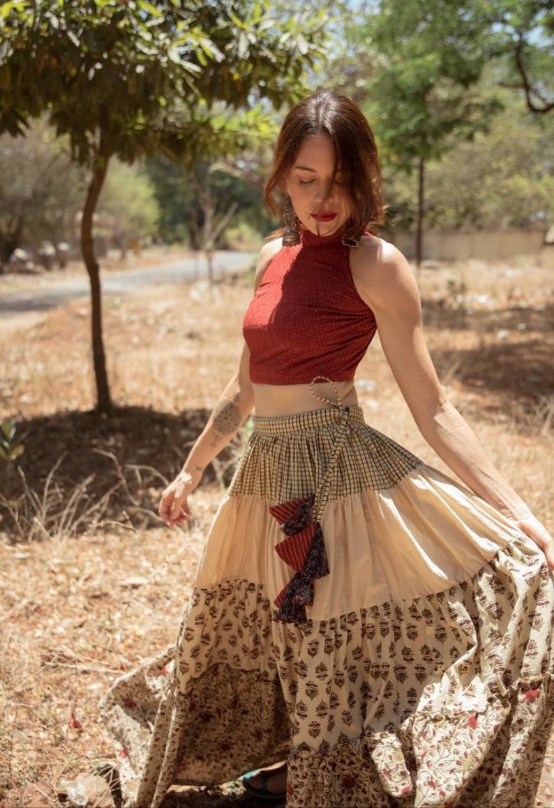 Hand block print ajrakh multi tiered skirt and crop top set made using natural dyes