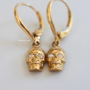 14K Gold Diamond Skull Drop Earrings