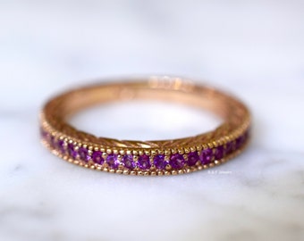 14K Rose Gold Pink Sapphire Band With Vintage Style Detailing
