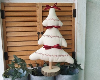 Weihnachtsbaum aus Stoff, Holzsockel, Maschinenstickerei, rotes Band, Weihnachtsdekor sitzend, Weihnachtsschmuck, Weihnachtsgeschenk