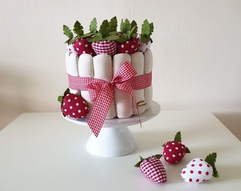 Birthday cake, Cake with strawberries and cookies made of fabric, Photo shoot, Pretend play, Fake food, Kitchen decor, Confectionery decor