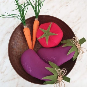 Set of 5 pieces Vegetables, Orange carrots , Blue eggplants, Red tomato, Farmhouse decor, Plushie Vegetable, Montessori Toy, Farmers Market