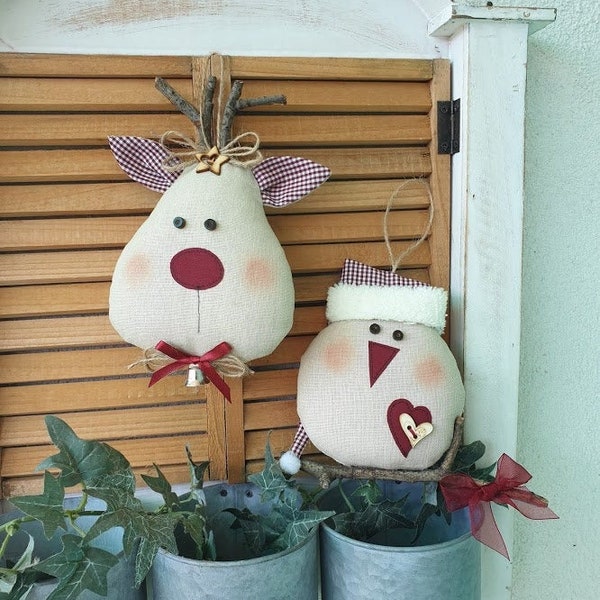 Set van 2 stuks hert en mus van stof, hangende kerstornamenten, kerstboomversieringen