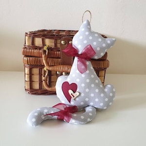 Polka dot cat made of fabric, Gray love cat, Valentine&#39;s Day, Hanging love ornament, Love gift