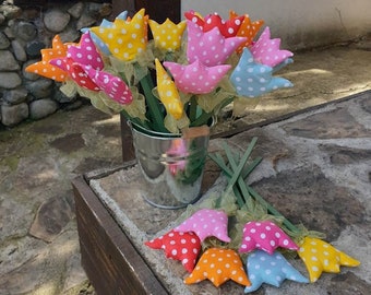 Multicolored tulips made of fabric on a wooden handle, Mother’s Day, Spring decorations, Flowers, Art decor, Valentine's Day