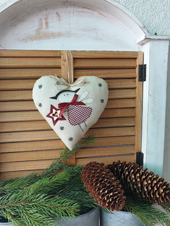 3 Décorations De Noël En Lin - Cœurs à Suspendre - Fait Main - Neufs