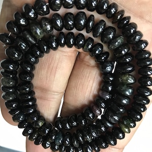 Natural BLACK Trumuline Beads/Black Trumuline smooth roundelShape Gemstone Beads/18” Smooth Black Trumuline Strand/Beautiful Black Bead