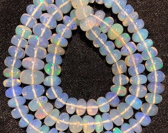 AAA+ QUALITY~~Ethiopian White Opal Smooth Rondelle Beads Natural Opal Rondelle Smooth Beads Full Star Genuine 6-7mm Opal Beaded 17” Necklace