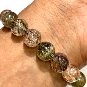Pulsera de cuarzo rutilado de calidad superior, de cuarzo rutilado, cuentas redondas lisas, bolas de cuarzo rutilado, color marrón rosado, muy raro, AAAA+